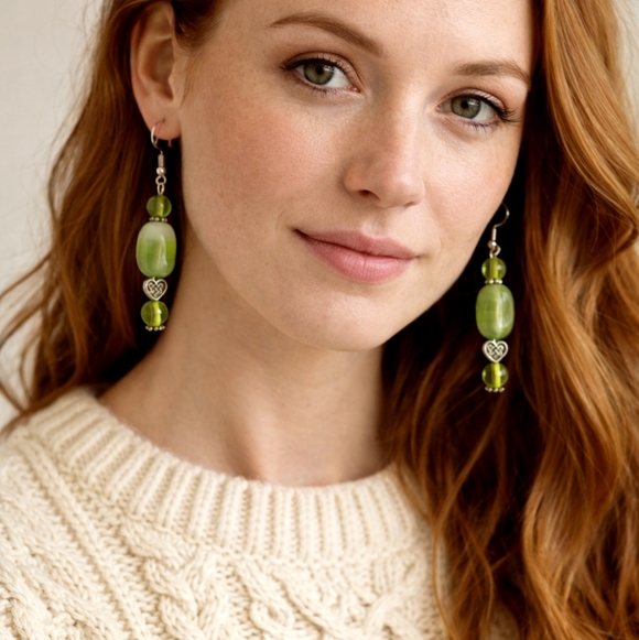 Green Glass Beaded Earrings, Celtic Earrings, St. Patrick's Day Jewelry - Picture 2 of 3